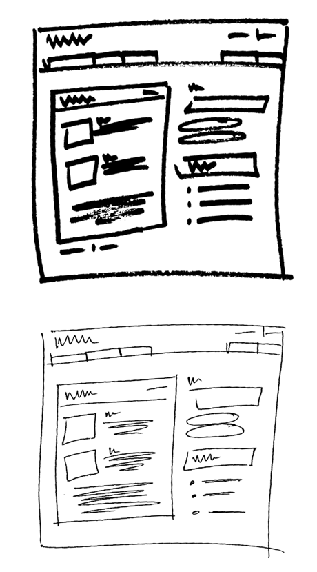 website wireframes hand-drawn with a sharpie